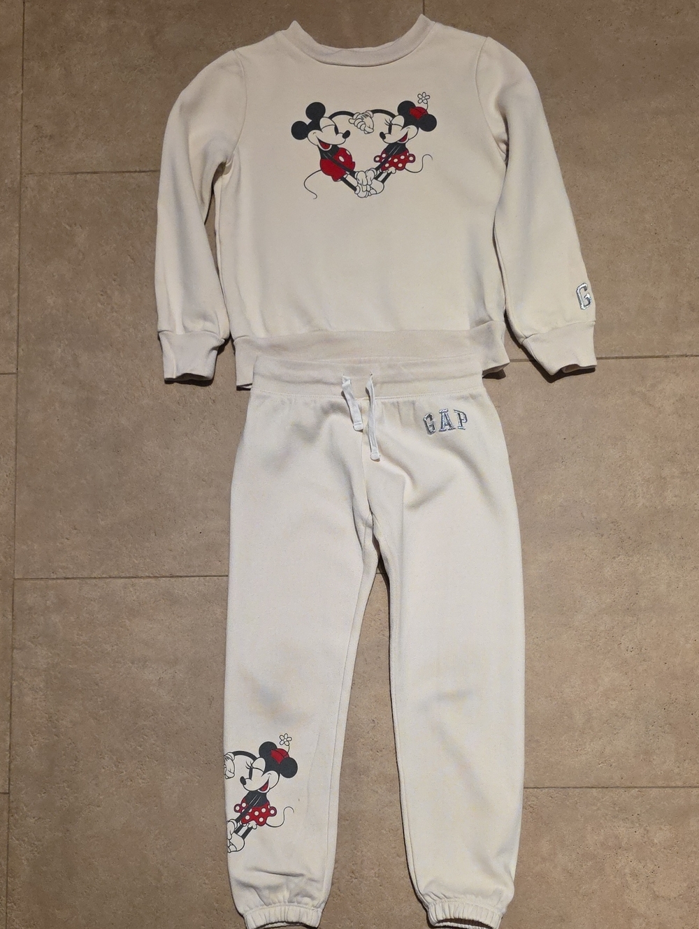 GAP Kids Disney Cream Sweatpants & Hoodie Set with Mickey & Minnie. Size S
